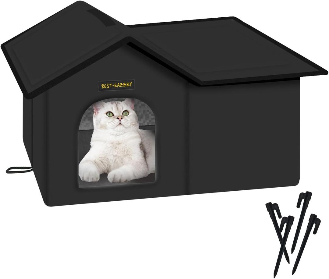 Rest-Eazzzy Cat House for Outdoor Cats, Weatherproof and Insulated Feral Cat House with Mat and Clip, Easy to Put Together, Selfwarming Cat Shelter for Winter (Black, Waterproof House-L)