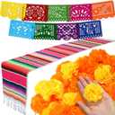 Funtery 50 Pcs Marigold Flower Heads Bulk Day of The Dead Decor Altar De Ofrendas Dia De Muertos Decoration 9 Pcs Mexican Papel Picado 1 Mexican Table Runner Supplies(Orange, Yellow, Rose Red)