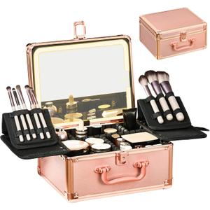 Rose Gold Makeup Case with Lighted Mirror, Detachable LED Mirror, Travel Makeup Train Case, Waterproof Cosmetic Organizer, Standing Makeup Brush Holder, Gift