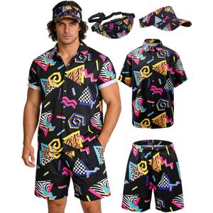 kasahara 80s 90s Outfit for Men Hawaiian Shirt and Shorts Set Mens Summer Beach Vacation Disco Party Outfits with Visor Waist Bag (Black, 2XL)