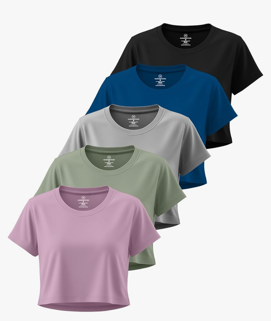 Real Essentials 5 Pack: Women's Dry Fit Crop Top - Short Sleeve Crew Neck Stretch Athletic Tee, M Real Essentials 5 Pack: Women's Dry Fit Crop Top - Short Sleeve Crew Neck Stretch Athletic Tee, M