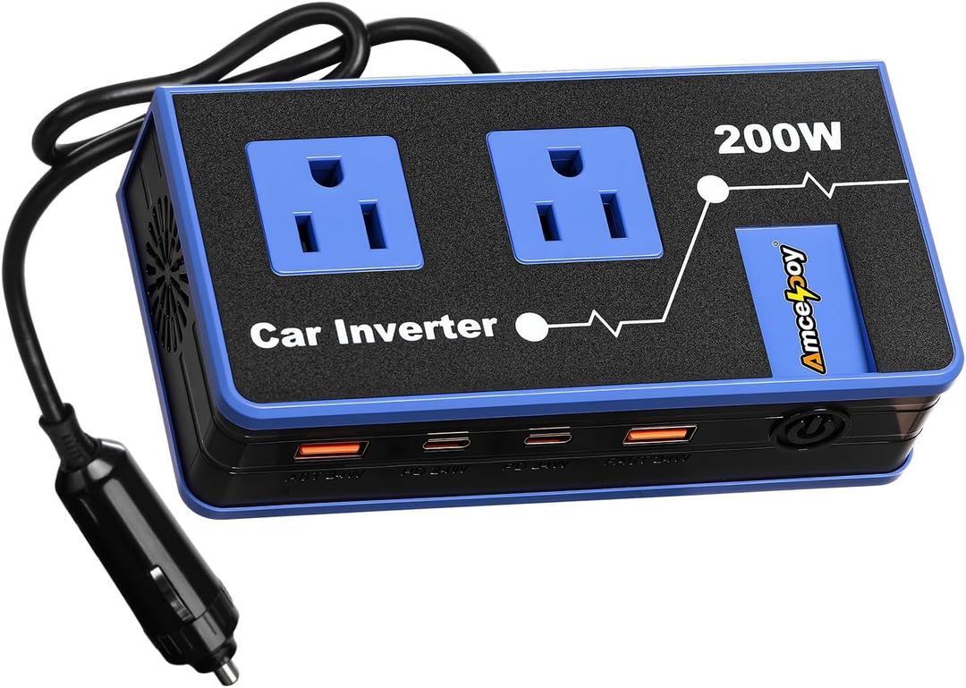 200W Car Power Inverter, Amcelooy Dual DC 12V to 110V AC Car Outlet Adapter to Wall Plug, Fast Charging 24W USB-C & USB Ports, Portable Charger Converter with for Laptops, Phones(Blue)