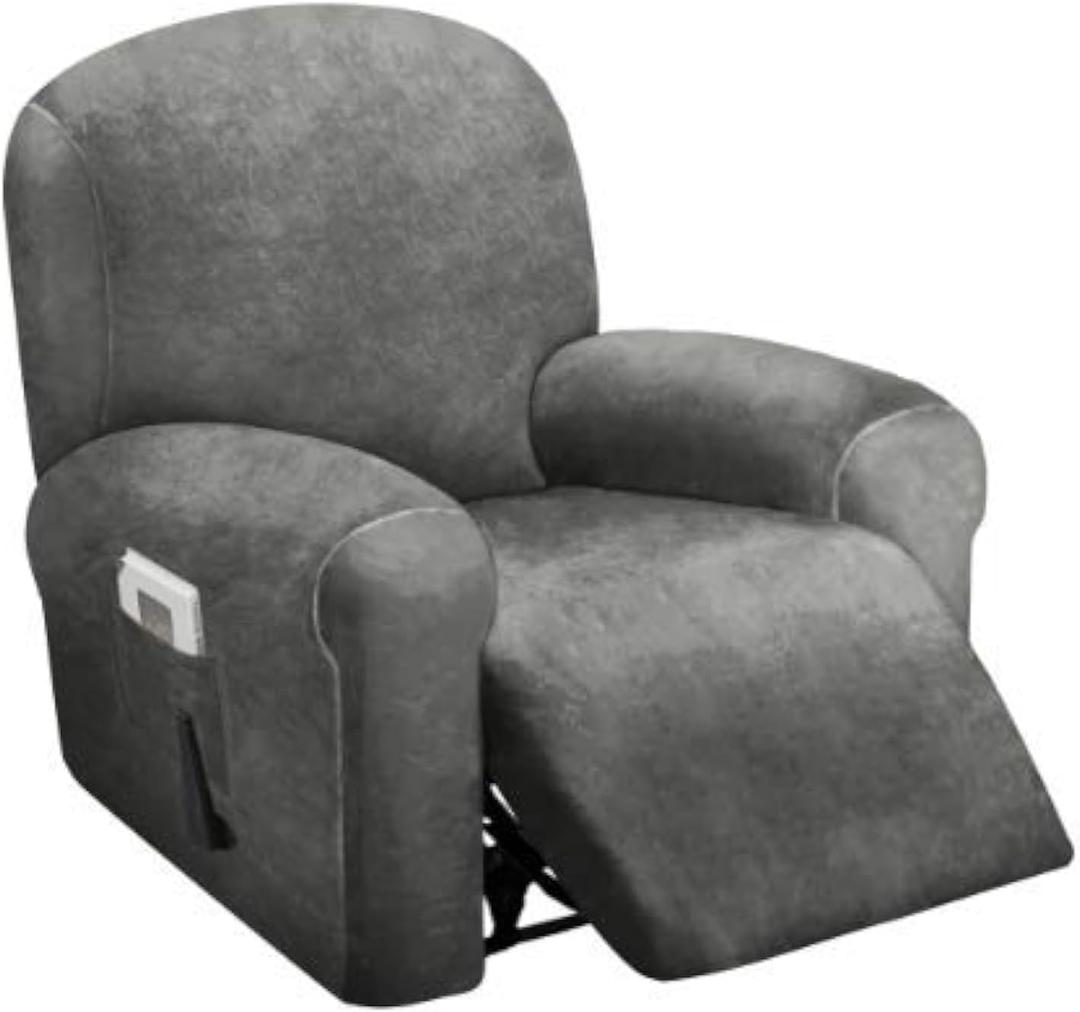 ULTICOR 4-Piece, 1 Seat Recliner Cover, Velvet Stretch Reclining Chair Covers for 1 Cushion Reclining Sofa, Single Seat Recliner Couch Cover, Thick, Very Soft, Machine Washable (Dark Grey)