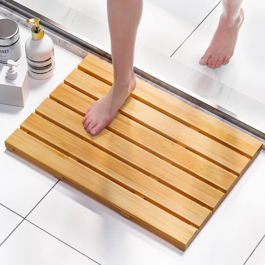 Bamboo Bath Mat - Non Slip Waterproof Wooden Shower Floor Mat for Bathroom, Sauna, Spa, Outdoor Use (Natural, 21.26 x 14.17 x 1.3 Inch), Pack Of 2