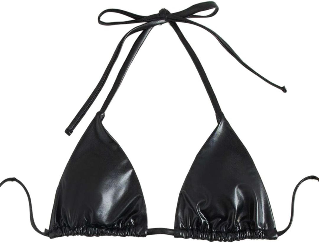 Verdusa Women's Triangle Bikini Top Self Tie PU Leather Halter Swim Top (Black, L)