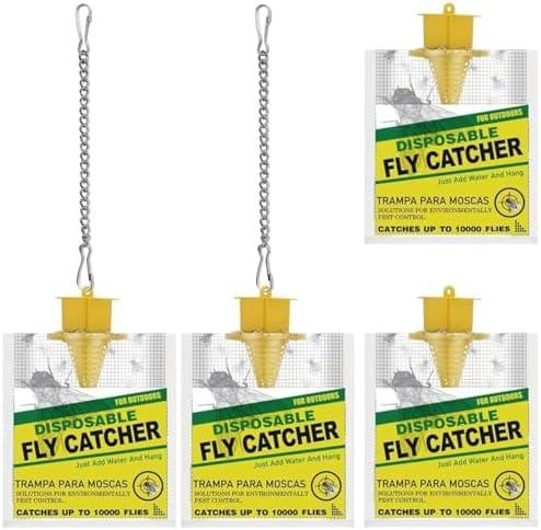 Outdoor Fly Traps 2 Pack with Adjustable Hanging Chain (2 PCS), Disposable Hanging Fly Traps with Natural Pre-Baited Bags | Effective Fly Killer for Backyard, Patio, Park or Farm