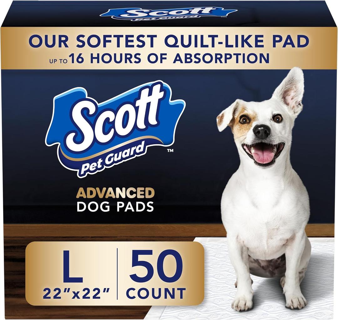 Scott Pet Guard Advanced Dog Pads - Dog Training Pee Pads for Puppies, Medium & Large Dogs - Up to 16 Hour Absorbency with Odor Control - Softest Quilted Dog Pee Pads - Large - 22" x 22" - 50 Pack