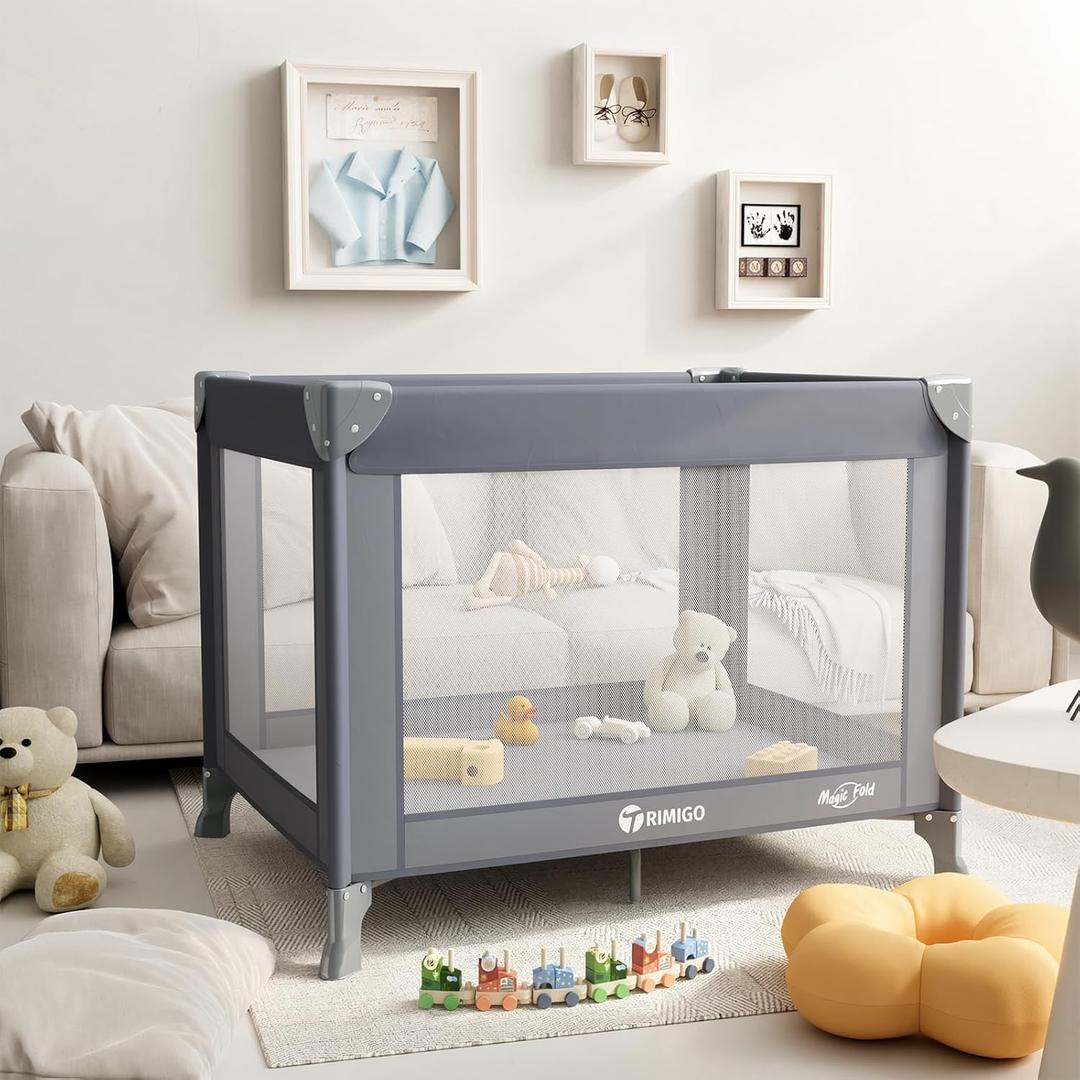 Portable Travel Crib & Playpen - Baby Safe Folding Travel Bed w/Mattress, Breathable Mesh | Compact Lightweight Baby Bed | Pack and Play for Babies & Toddlers (Grey)