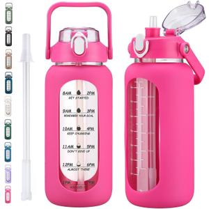 64oz Glass Water Bottles with Straw, Half Gallon Motivational Glass Bottle with Silicone Sleeve and Time Marker, 2L Leakproof Large Glass Water Jug for Gym Home Office, Rose Red