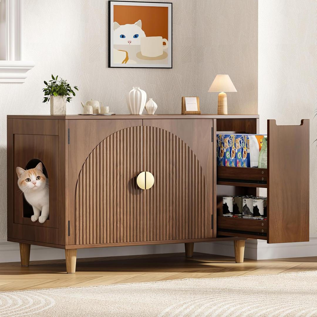35.4" Fluted Cat Litter Box Enclosure, Wooden Hidden Litter Box Enclosure Furniture with 2 Layer Drawer, Modern Indoor Cat House, Side End Table for Living Room, Entryway, Bedroom, Walnut