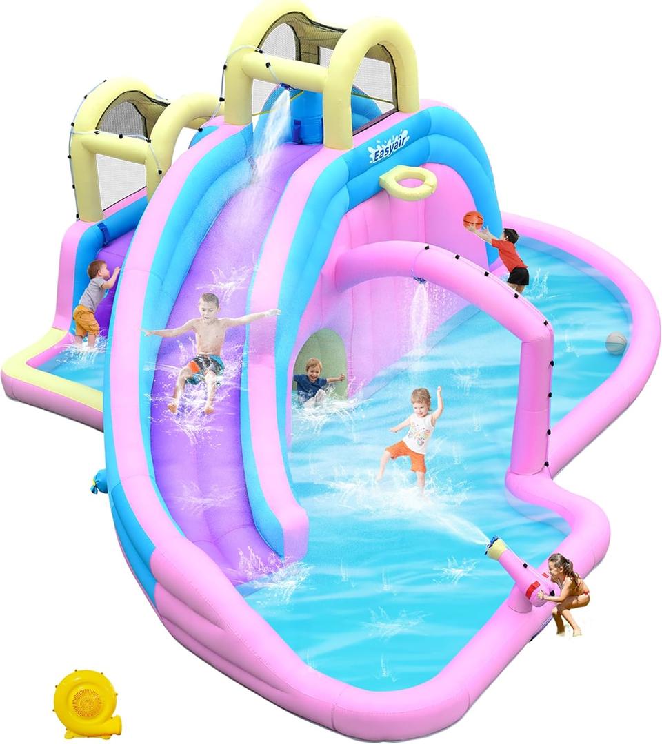 Large Inflatable Water Slide for Big Kids, Water Bounce House, Outdoor Blow Up Pool, Climbing Wall, Basketball Hoop with Blower (Funny Slide)