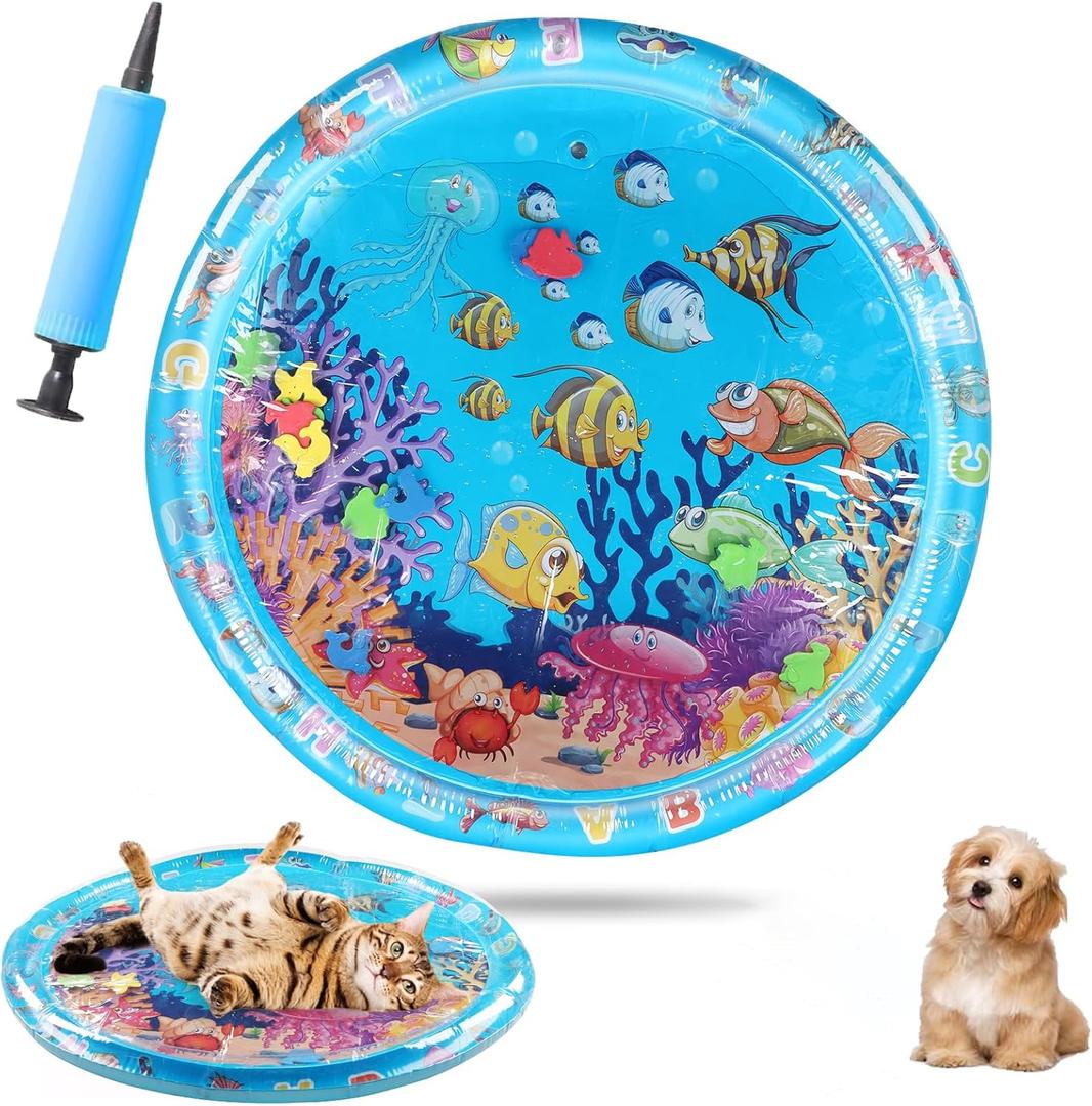 Thickened Water Mat for Cats,Summer Pets Cooling Water Sensory Play Pad with Inflator,Cat Water mat with Fish,Anti-Scratch Design Pet Water Mat for Cat & Dog