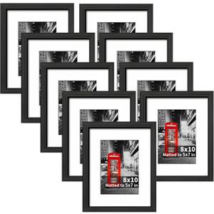 Lavezee 8x10 Picture Frame Set of 9, Made to Display Photos 5x7 with Mat or 8x10 Without Mat for Wall and Tabletop Black Frames