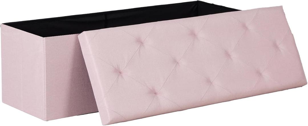 DUMOS 43in Foldable Storage Ottoman Bench, Storage Chest, Large End of Bed Foot Rest Stool with Padded Seat, Bedroom Bench for Living Room, Support 660lbs, Pink, 15"D x 43"W x 15"H
