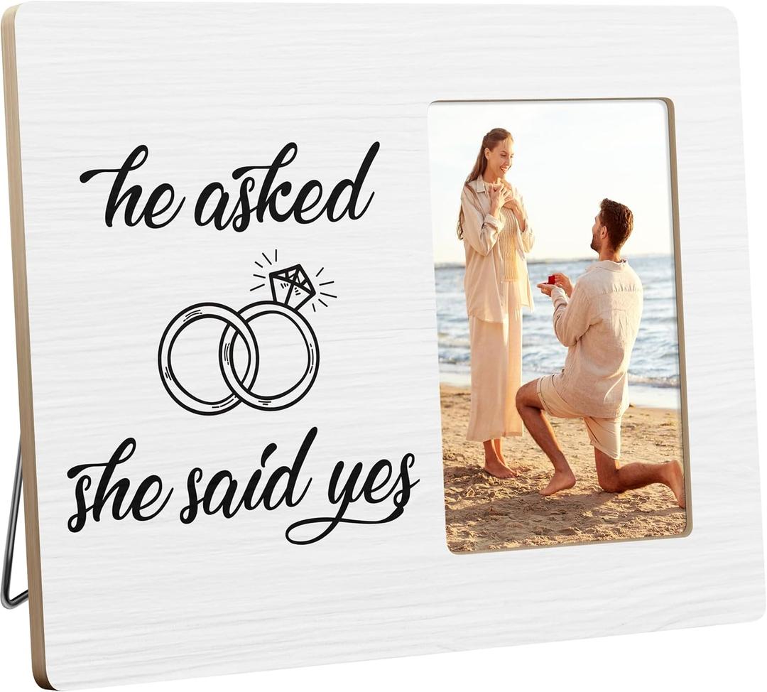 Engagement Gifts for Newly Married Couples, Wedding Picture Frame, He Asked She Said Yes, 4x6 Inch Photo