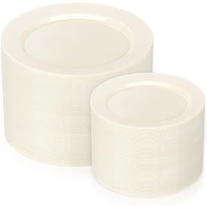 I00000 200 Pcs Ivory Plastic Plates, Disposable Party Plates Include 100 Ivory Dinner Plate 10 and 100 Plastic Dessert Plate 7 Perfect for Birthday, Party & Wedding