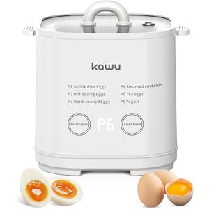Kawu Egg Cooker, 6-in-1 Electric Rapid Egg Poacher for Hard Boiled Eggs, Yogurt, Custard, 12H Delay Start & Auto Off, Portable Breakfast Maker with Stainless Steel Bowl, 4 Eggs