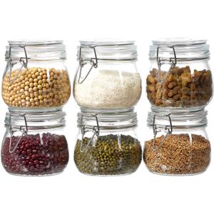 6 Pack 17oz Food Storage Jars with Airtight Lids, Preserving Seal Wire Clip Fastening Glass Containers, Canisters for Kitchen Organization, Flour, Cereal, Pasta, Sugar, Beans, Pickling Jars (17 Oz*6)