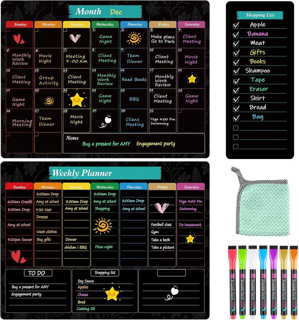 MaxGear Black Magnetic Calendar for Refrigerator, 16x12 Monthly and Weekly Dry Erase Fridge Whiteboard, Menu Schedule Planner Board, to-Do List, Notepad with 7 Markers,1 Eraser, and 1 Shopping List