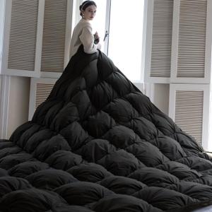 KAKABELL Pinch Pleat Goose Down Feathers Fiber Comforter Palatial King Size All Season-Ultra Soft and Cozy Noiseless Duvet Insert with Egyptian Cotton Blend Cover,Fluffy Warm Comforter Black,120"X98" (Palatial King-120X98 Inches)