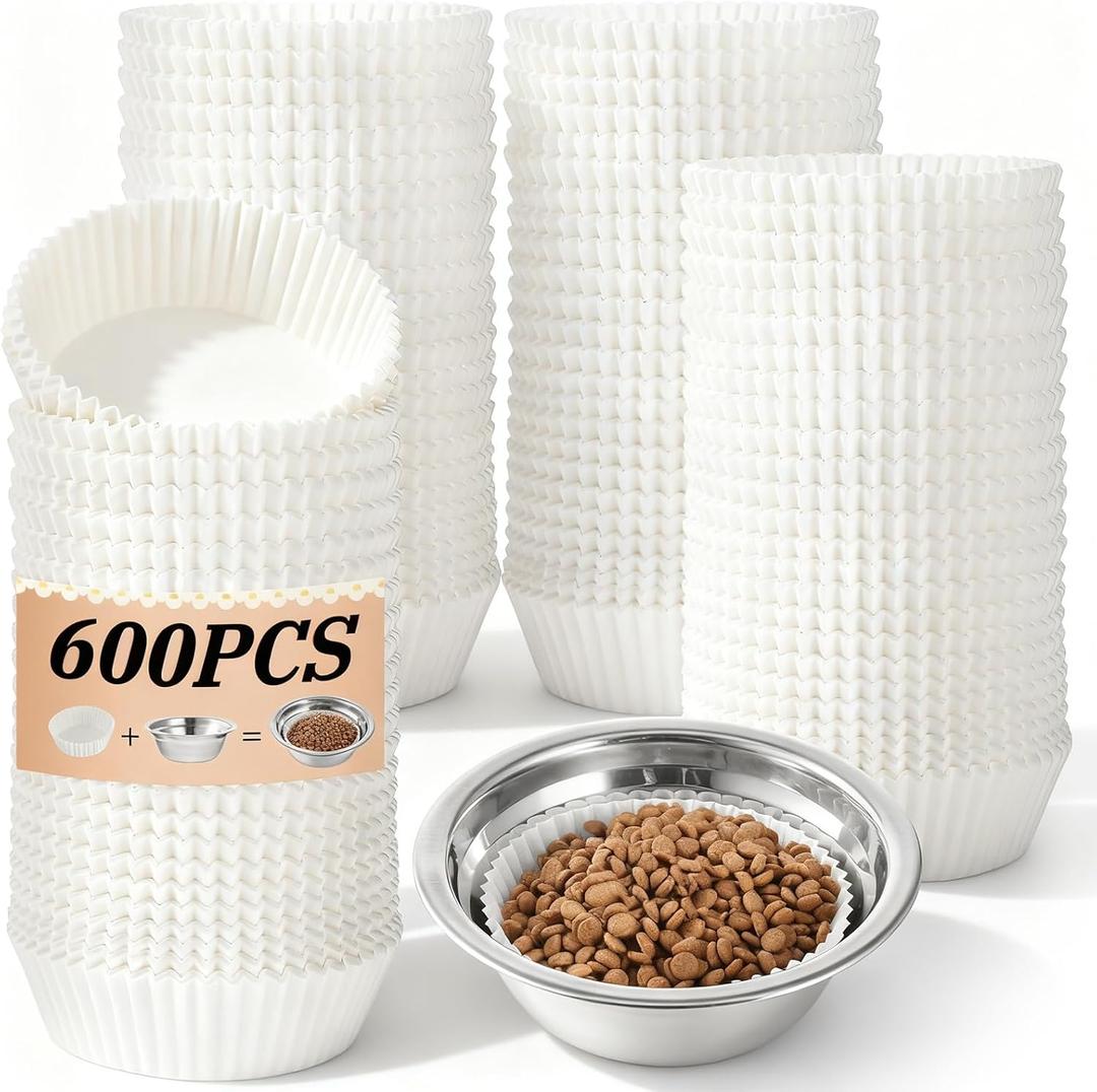 600 Pcs Pet Disposable Feeding Bowls Liner Bulk, Cat Food Bowls Small Paper Bowl for Cat Dishes Small Paper Dish Papers Liner for Dogs Cats Dish Wet Food Feeding Station(White, Classic)