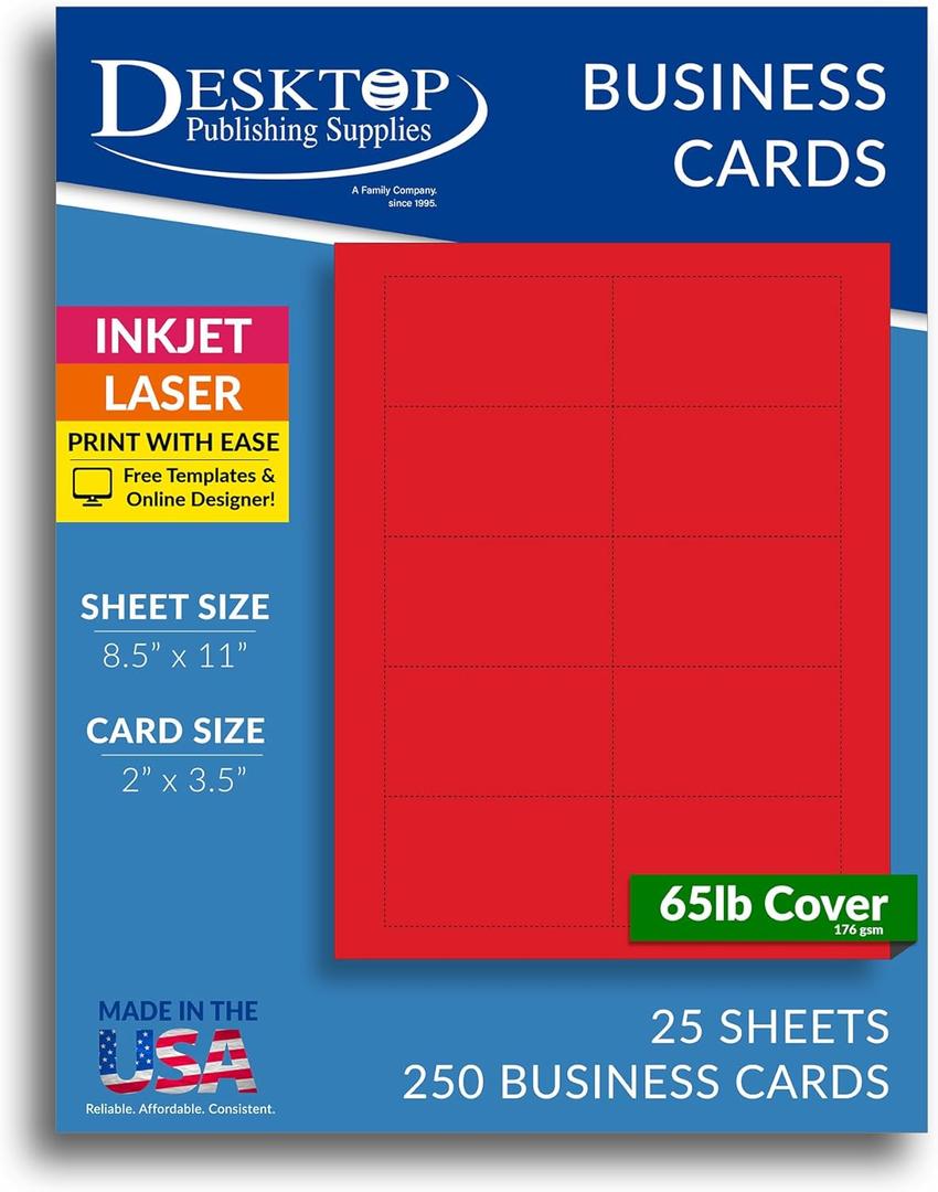 250 Red Business Cards 3.5" x 2" - Printable Colored Blank Business Card Paper Sheets, Micro Perforated Cardstock Business Cards 65lb Cover (176gsm) for Inkjet Laser Printers, 10 per Sheet (25 sheets)