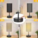 Bedside Table Lamp for Bedroom - 3 Way Dimmable Touch Lamp USB C Charging Ports and AC Outlet, Black Base Round Flaxen Fabric Shade for Living Room, Desk, LED Bulb Included(Black)