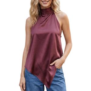 Women's Satin Halter Top Backless Sleeveless Cami High Neck Silk Tank Top Asymmetrical Hem Night Out Outfits Tee (L)