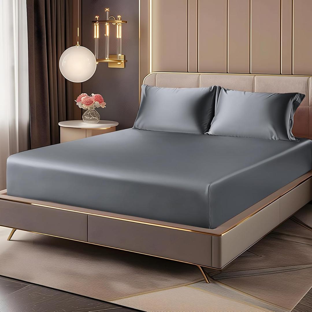 BEDELITE Satin Fitted Sheet and Pillowcases Set, Luxury Soft Similar to Silk Bottom Bed Sheet with Elastic Corner Straps, Deep Pocket up to 15 Inch, 1 Fitted Sheet and 2 Pillowcases(King, Dark Grey)