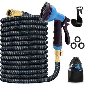 J&B XpandaHose 75ft Expandable Garden Hose with Holder - Heavy Duty Superior Strength 3750D - 4 -Layer Latex Core - Extra Strong Brass Connectors and 10 Spray Nozzle w/Storage Bag (Blue 75)