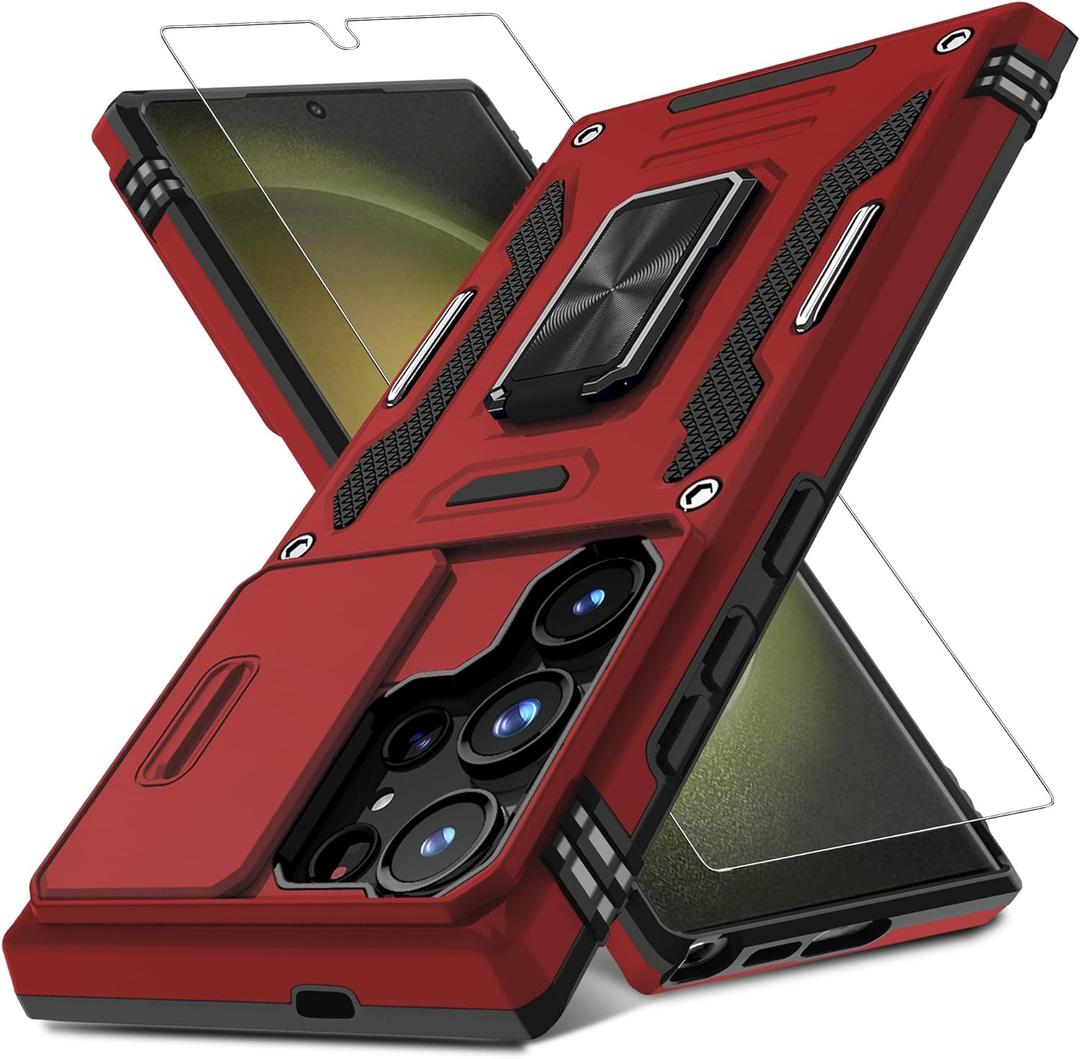 DEERLAMN Case for Samsung Galaxy S24 Ultra with Slide Camera Cover+Screen Protector (1 Pack), Rotated Ring Kickstand Military Grade Shockproof Protective Cover-Red (S24 Ultra-6.8 Inch)