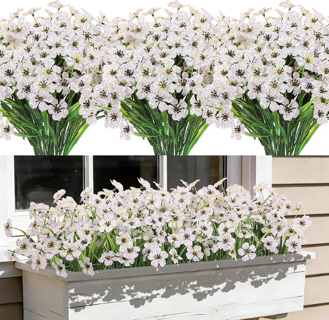 24 Bundles Artificial Flowers for Outdoors, Fake Silk Flowers UV Resistant Faux Plastic Plants for Outside Garden Patio Window Box Farmhouse Home Decoration, White