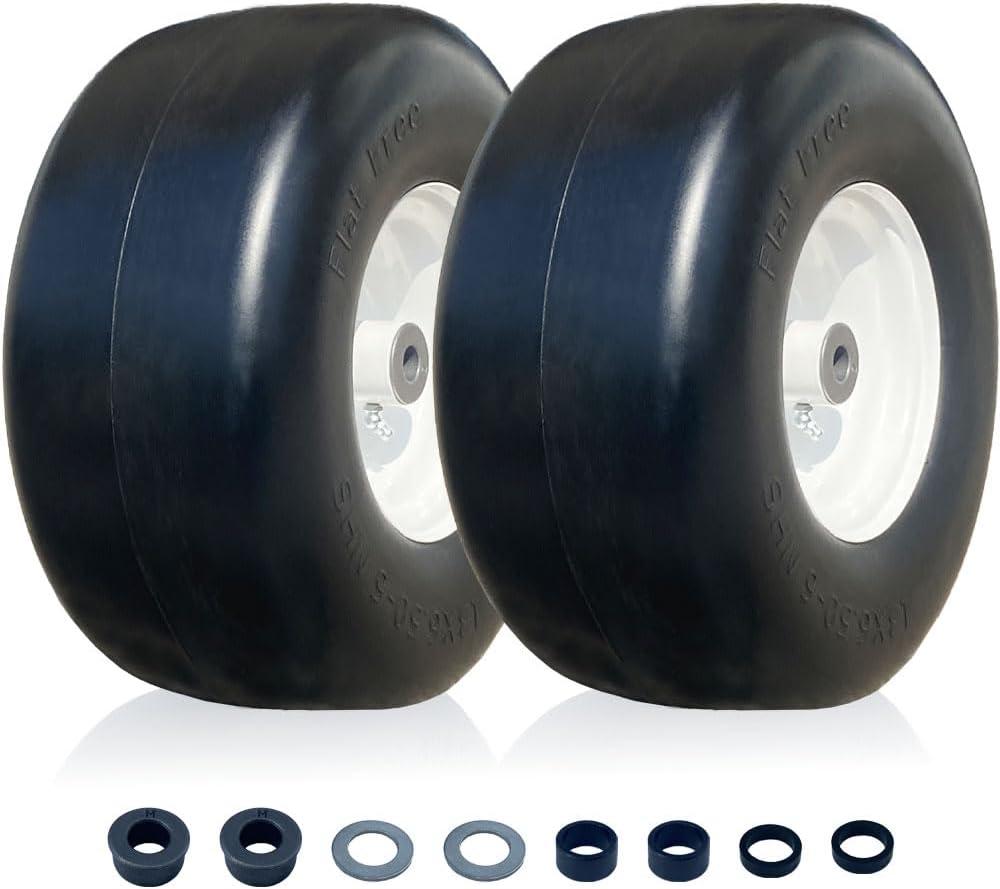 2-Pack 13x6.50-6 Flat Free Tires and Wheel with 4"-5.5"Centered Hub,13"Zero Turn Mower Front Tires with 5/8" extra 3/4" bushings,Solid Tire Assembly for Lawn Mower Garden Tractor.Smooth Tread.