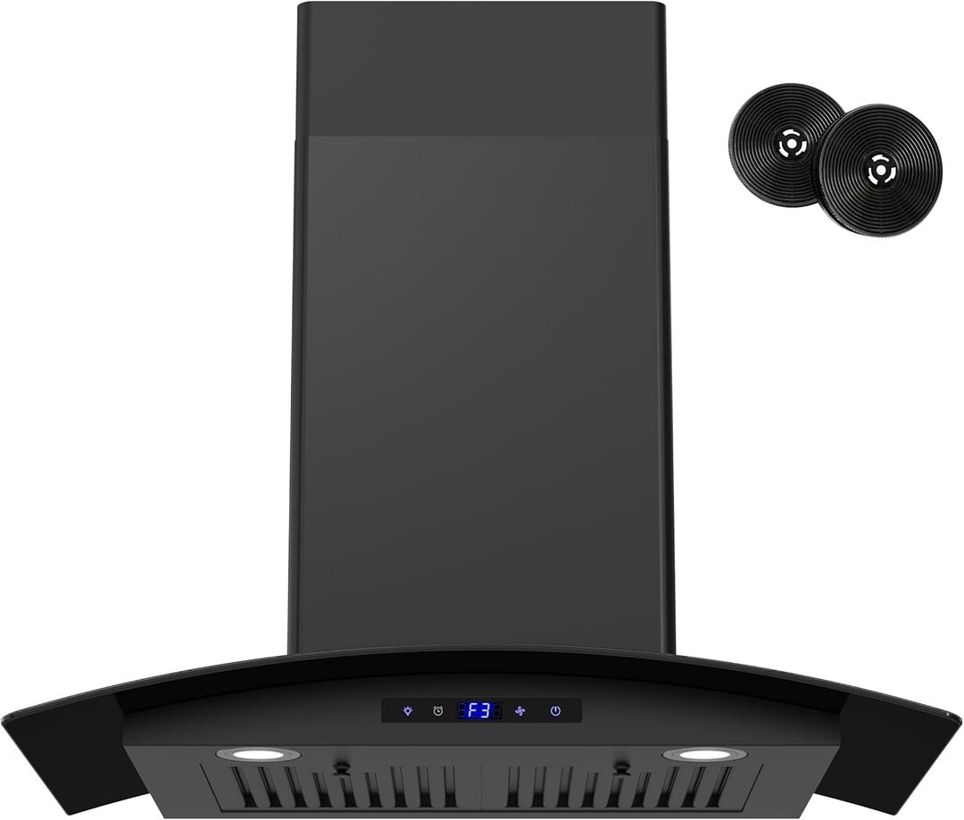 FIREGAS Range Hood 30 inch, 600 CFM Wall Mount Glass Kitchen Hood Ducted/Ductless Convertible with 3-Speed Fan, Screen Control, Time Setting, LED Lights, Black Painted Stainless Steel Vent Hood