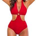 AI'MAGE Women Plus Size One Piece Swimsuit V Neck Tummy Control Bathing Suit O Ring Cutout Slimming Padded Halter Swimwear, X-Large Red