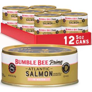 Bumble Bee Prime Atlantic Salmon, 5 oz Easy Open Cans (Pack of 12) - Premium Salmon - 24g Protein per Serving - Gluten Free & Kosher (EXP 07/01/28)