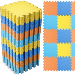 Nuanchu 60 PCS Kids Foam Puzzle Floor Mat Bulk - Solid Color Foam Play Mat with Borders Interlocking Multi Use Floor Rug for Children, 12 Inch(Dark Blue, Light Blue, Orange, Yellow), 120 x 120 inches