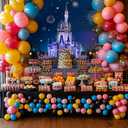 6x4ft Castle Backdrop Blue Castle Back Garden Fireworks Night Scene Background Girls Birthday Party Photobooth Backdrop Supplies Cake Table Decorations KUHB022