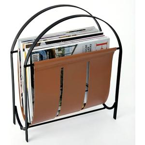 MyGift Black Metal and Caramel Brown Leatherette Magazine Rack  Tabletop or Floor Standing Sling Basket for Magazines, Newspapers, and Books