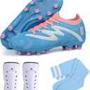 brooman Kids Firm Ground Soccer Cleats Boys Girls Football Shoes with Shin Guards and Soccer Socks, 3 Little Kid