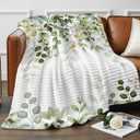 Sage Green Eucalyptus Throw Blanket, Farmhouse Leaves Fluffy Soft Blankets for Couch Bed Travel, Botanical Floral Plush Microfiber Striped Flannel Blankets, Lightweight Sofa Blankets 30"x40"
