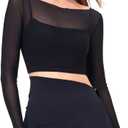 Harssidanzar Women's Workout Long sleeve Yoga shirts Mesh Gym Athletic Tops with Sports Bra CL309US (Black, M)