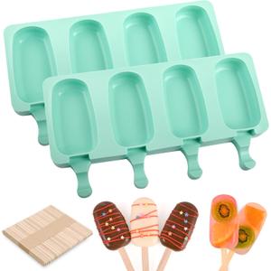 WMKGG Popsicle Silicone Molds Set, 2 PCS Ice Cream Molds with 50 Wooden Sticks for Cake Pop, Ice Pop, Cakesicles (Standard Size/Green)