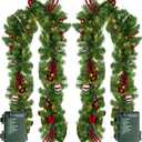 Nerosun 9FT Christmas Garland with 50LED Lights, 2 Pack Battery Operated Prelit Garland Christmas Decorations Timer 8 Mode, Artificial Outdoor Christmas Garland Greenery Pinecone for Indoor Decor