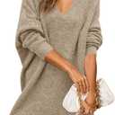 Saodimallsu Womens Oversized Sweater Dress Fall V Neck Ribbed Knit Long Sleeve Casual Loose Mini Pullover Dresses (Large, Khaki)