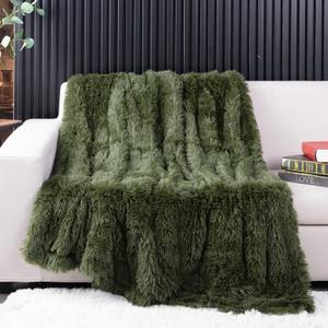 YUSOKI Long Faux Fur Throw Blanket for Sofa Couch,2 Layers,2.1lb,All Ages,Home Decoration, (Olive Green,50" x 60")
