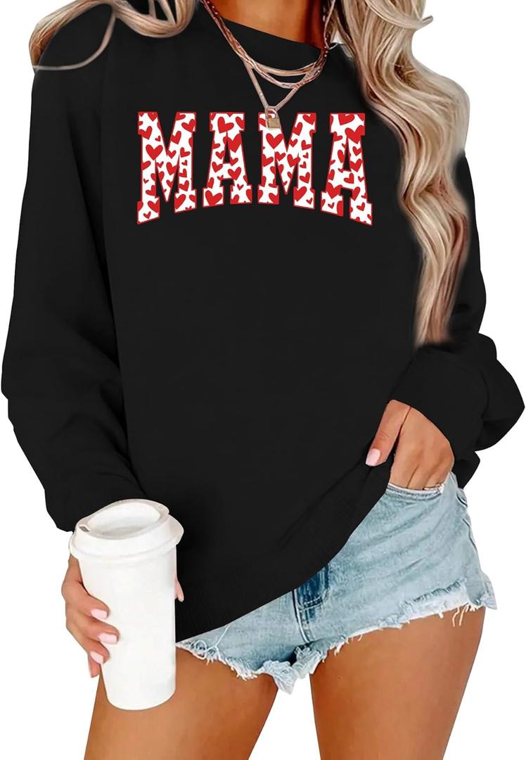 Mama Sweatshirt Women Valentines Shirt Red Hearts In Mama Graphic Sweater Mother Gift Pullover Tops (Medium, Black)
