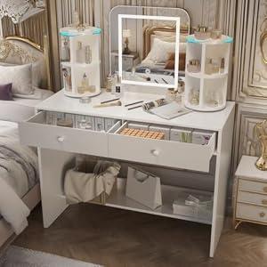Oiroporz White Vanity Desk with LED Mirror & 360° Rotating Shelves - 3-Color Adjustable Lights, 2 Storage Drawers, Makeup Dressing Table for Bedroom, Women