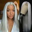 Silver Grey Long Straight Wig for Women Cosplay Ash White Wig Glueless Lace Front Wigs for White Women Long Wig Heat Resistant Colored Wig Daily(Syhthetic 24 Inches)