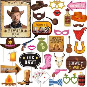 33pcs Western Cowboy Cowgirl Photo Booth Props, Wild West Themed Party Decoration, Texas Theme Props with Wanted Sign for Country Party, Cowgirl Bachelorette Party, Rustic Party, Cowboy Party Supplies
